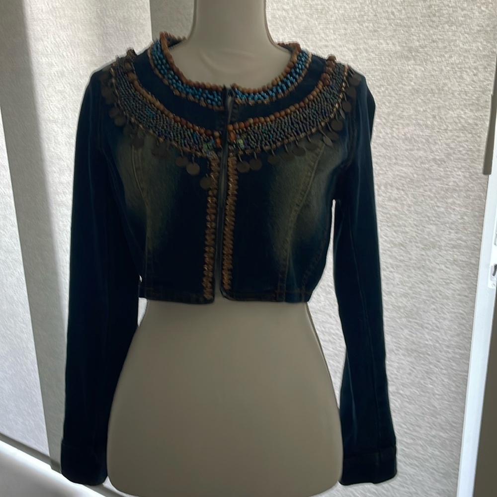 NWOT - Zako Embellished Long Sleeve Jean Jacket with hook closure.